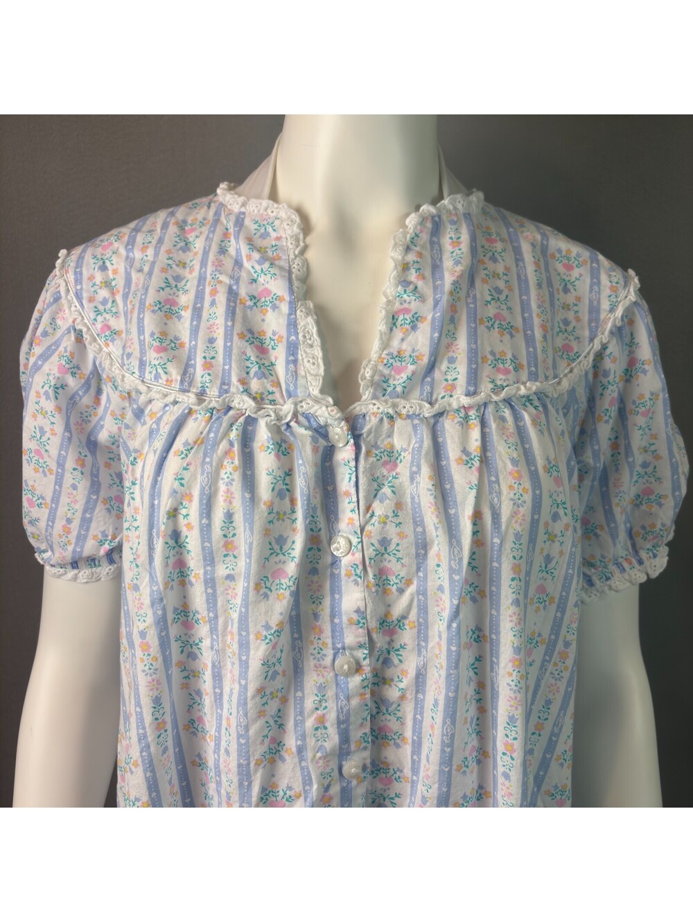 Lanz of Salzburg Long Nightgown Cotton Short Sleeve Floral White Blue Sz S - Picture 2 of 9